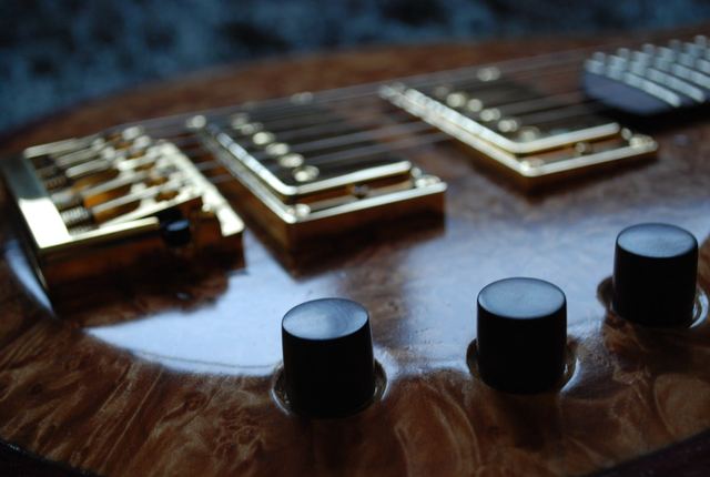 Burl top detail with gold pickups and black knobs