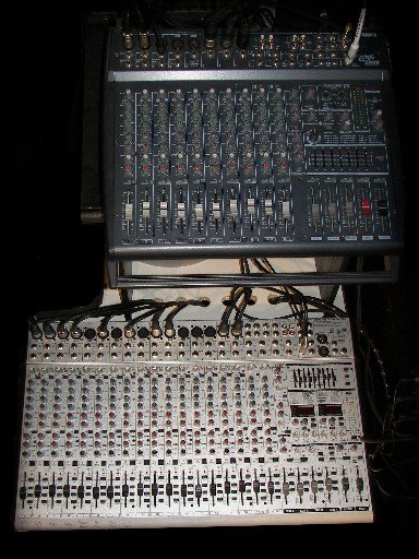 Two mixers from above, the top one on a custom angled shelf